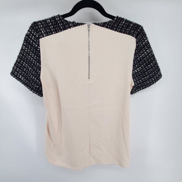 J.Crew Lux Gold Metallic Tweed Black Sleeve Cotton Cream Stretch Blouse Small - Picture 11 of 12